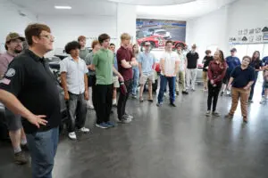 Student group arriving at Factory Five Racing headquarters